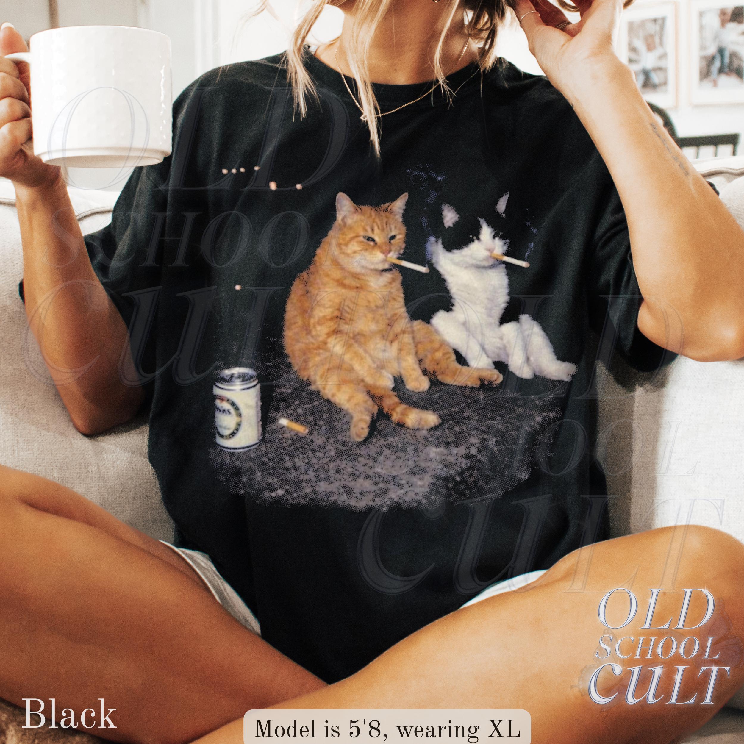 Smoking Cats Vintage Smoking Cat Tee Retro Streetwear Kitten Oversized Beer (2)