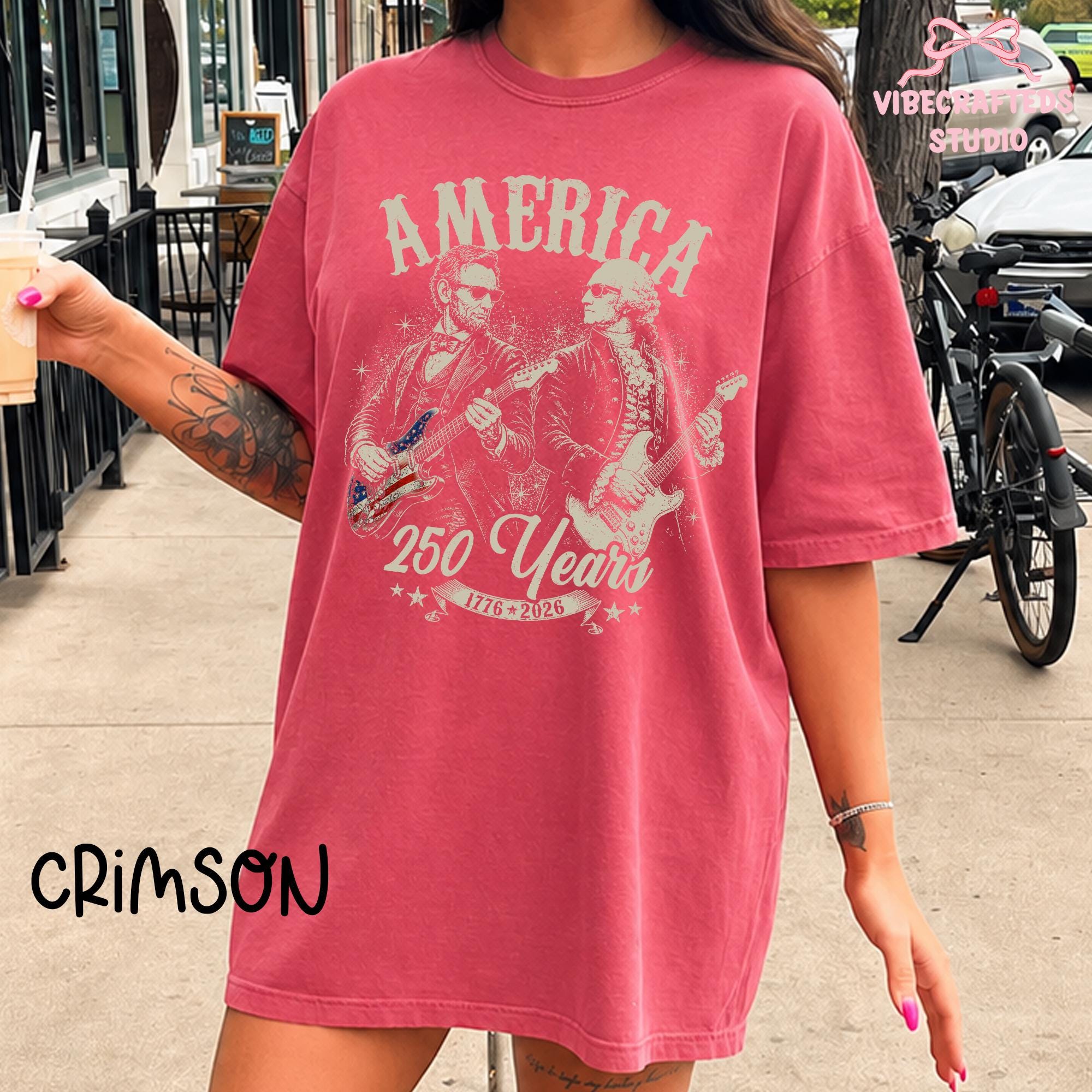 Distressed George Washington Abraham Lincoln Playing Guitar Comfort Colors America 250 Years Patriotic Tee 1776 2026 Usa Rock Band (3)