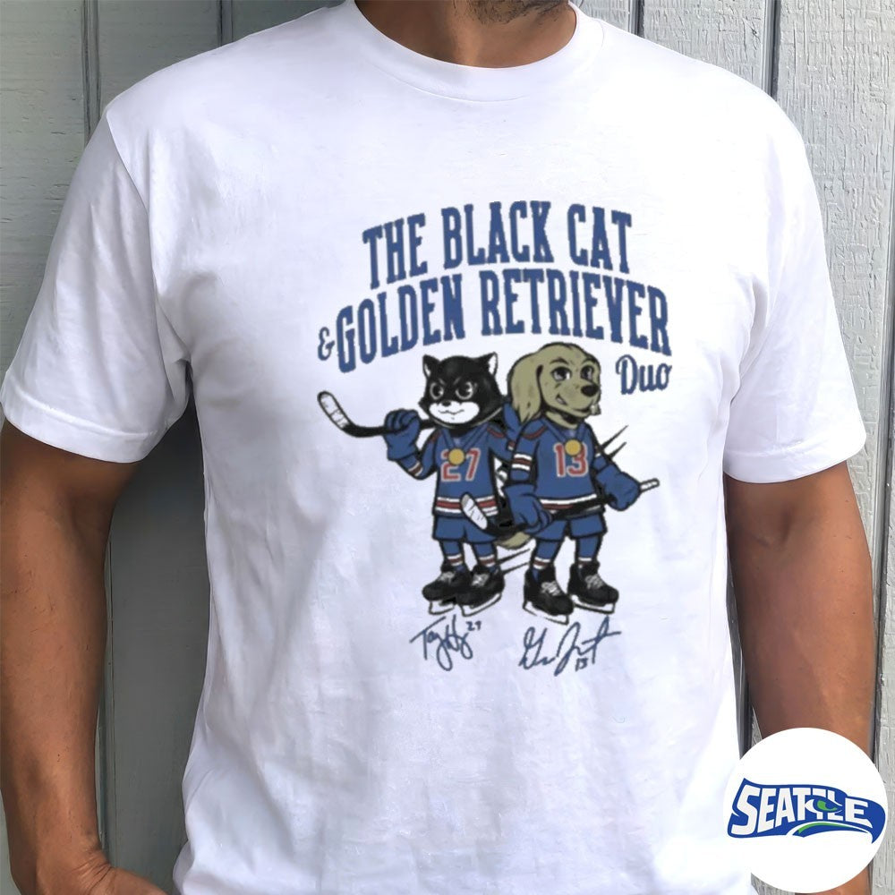 2026 The Duo Gold Black Cat And Golden Retriever Signatures shirt