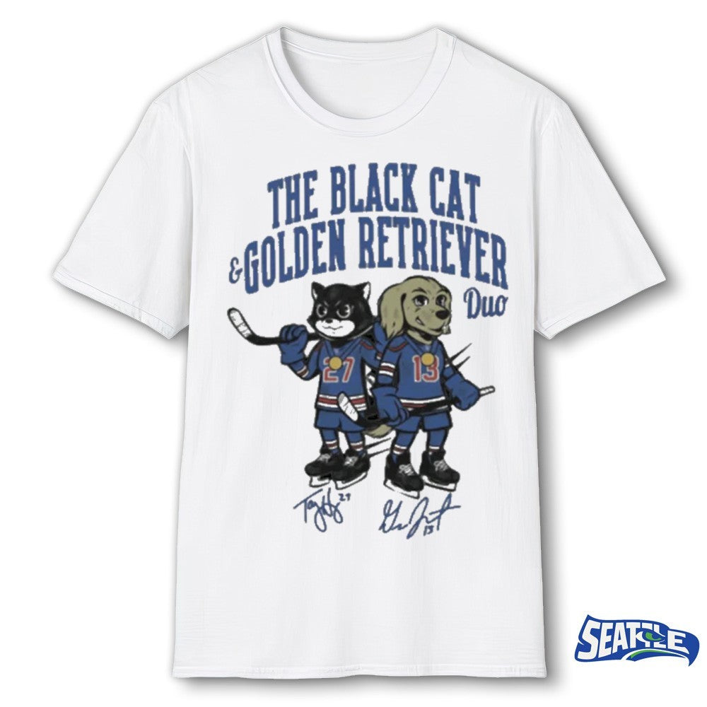 2026 The Duo Gold Black Cat And Golden Retriever Signatures shirt