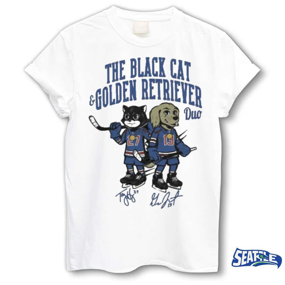 2026 The Duo Gold Black Cat And Golden Retriever Signatures shirt