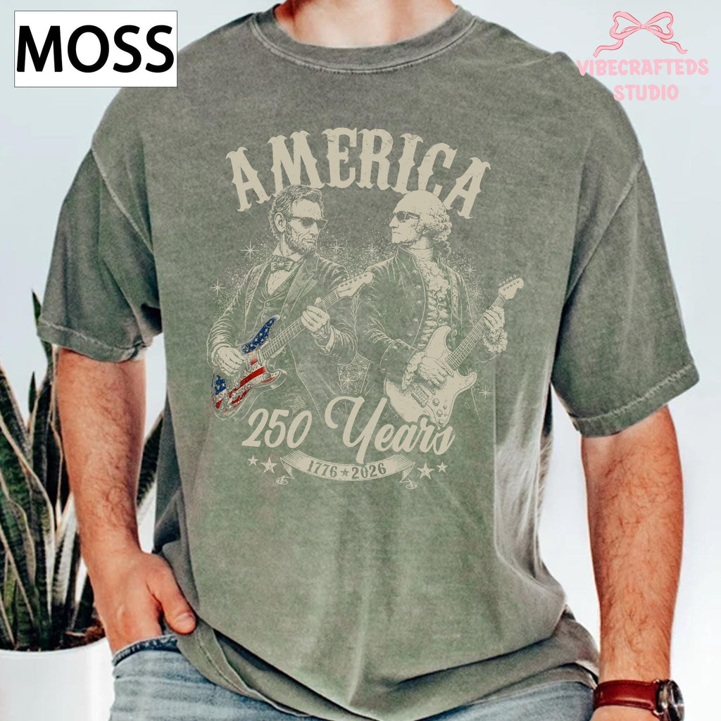 Distressed George Washington Abraham Lincoln Playing Guitar Comfort Colors America 250 Years Patriotic Tee 1776 2026 Usa Rock Band (4)