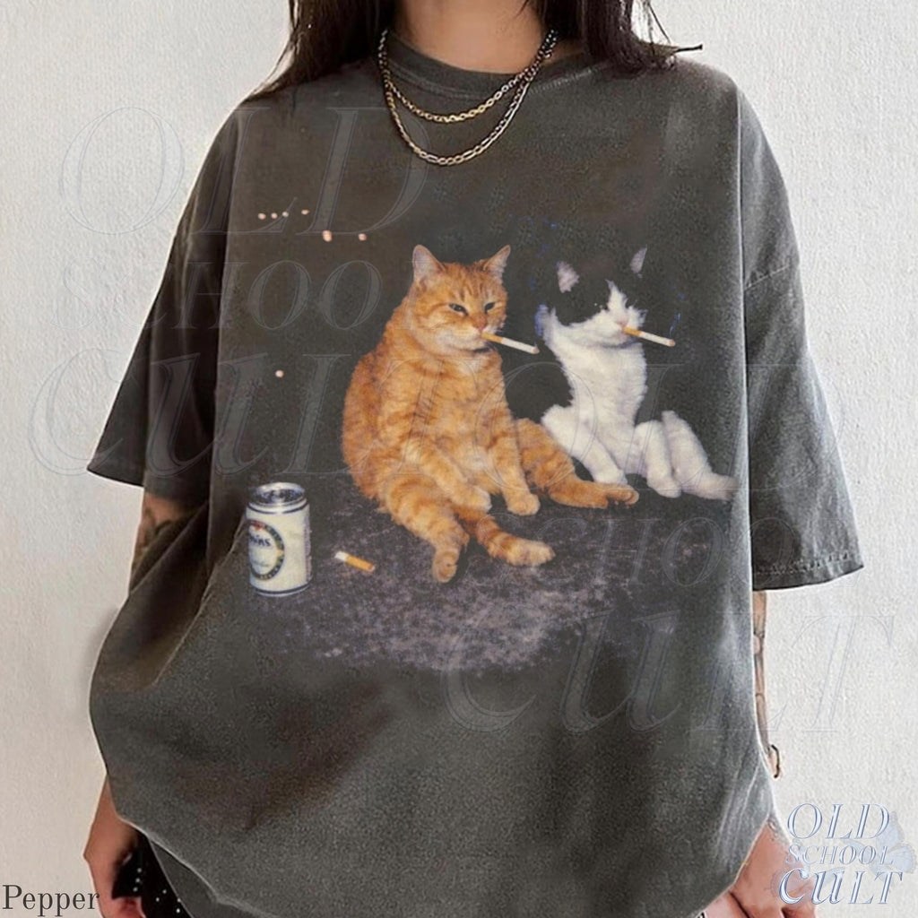 Smoking Cats Vintage Smoking Cat Tee Retro Streetwear Kitten Oversized Beer (4)