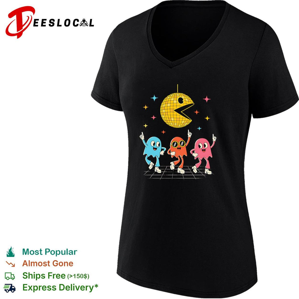 A Pac-Man disco ball and dancing ghosts shirt