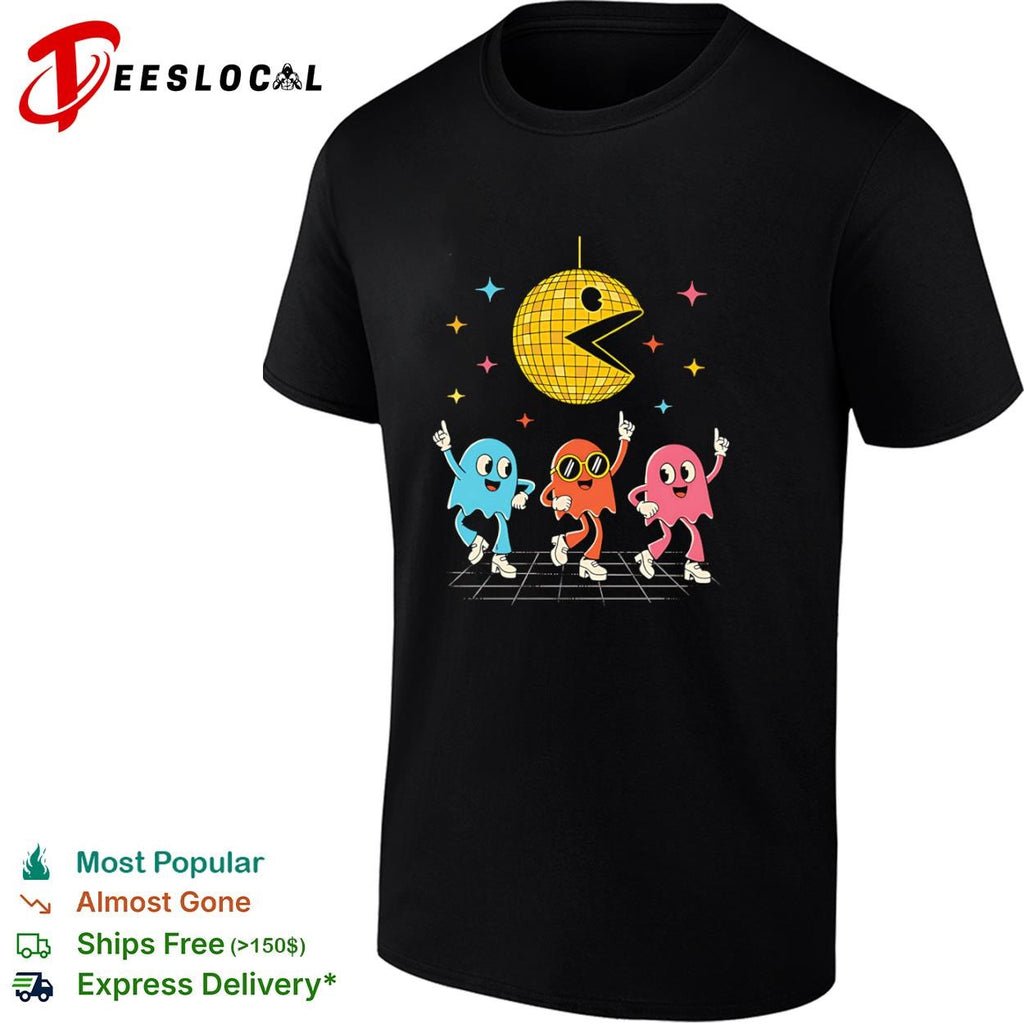 A Pac-Man disco ball and dancing ghosts shirt