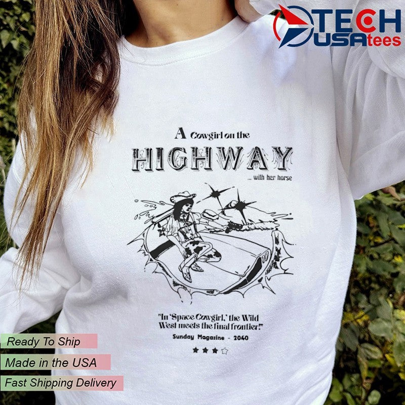 A cowgirl on the highway with her horse shirt