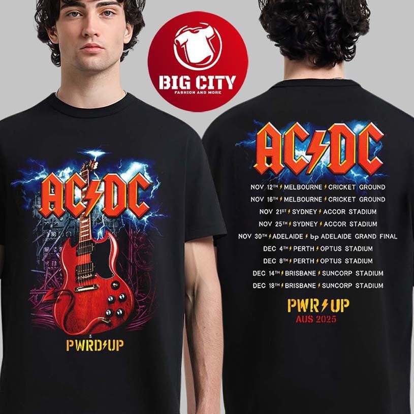 ACDC PWR Up Australia 2025 Angus Young Gibson Electric Guitar PWR UP Tour Two Sided Shirt