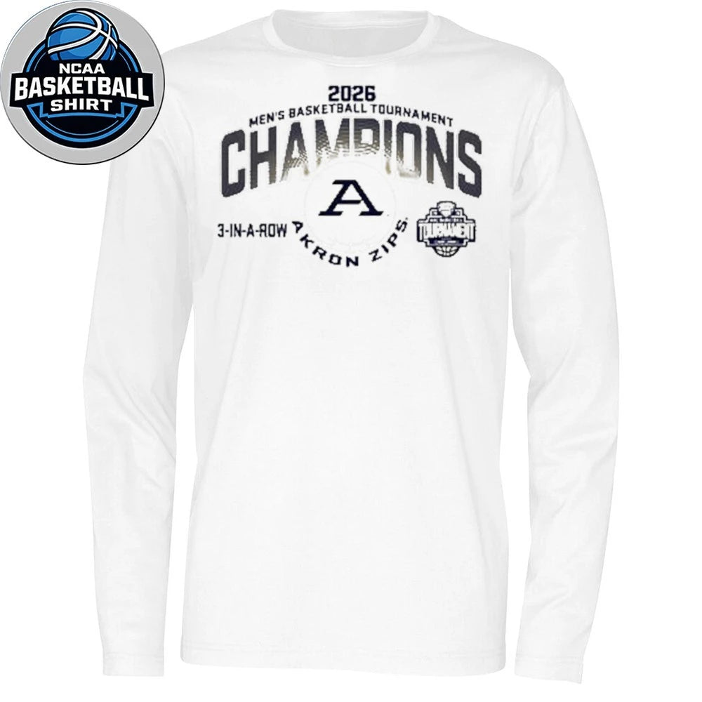 Akron Zips Grey 2026 MAC Men’s Basketball Tournament Champions 3-In-A-Row T-Shirt