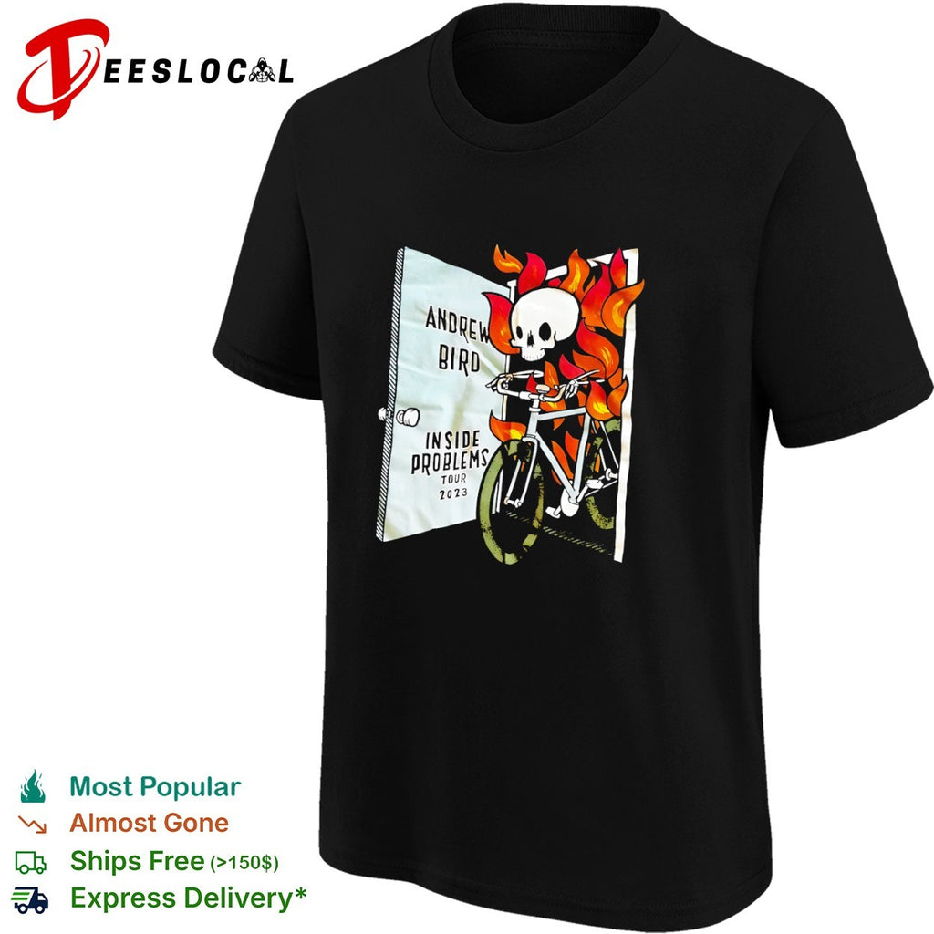Andrew Bird Inside Problems Tour 2023 skeleton riding bicycle in flames shirt