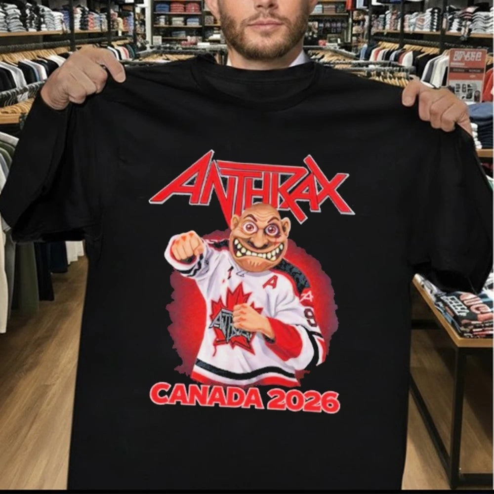 Anthrax Canada 2026 Tour Merch Tee No Man Mascot Canada Hockey Player Art Elbows Up T-Shirt