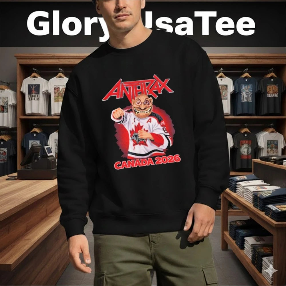 Anthrax Canada 2026 Tour Merch Tee No Man Mascot Canada Hockey Player Art Elbows Up T-Shirt