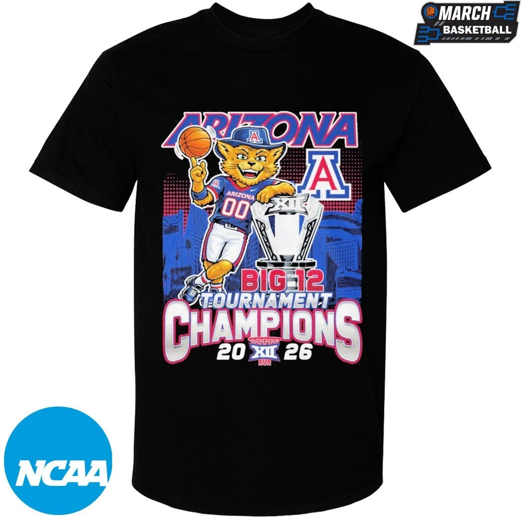 Arizona Wildcats 2026 Big 12 Men’s Basketball Tournament Champions Mascot Trophy T-Shirts