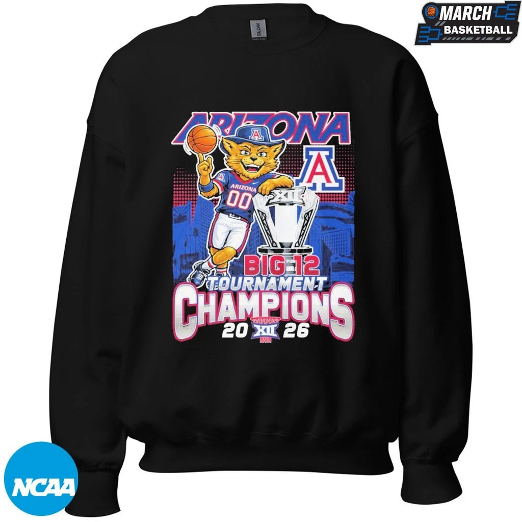 Arizona Wildcats 2026 Big 12 Men’s Basketball Tournament Champions Mascot Trophy T-Shirts