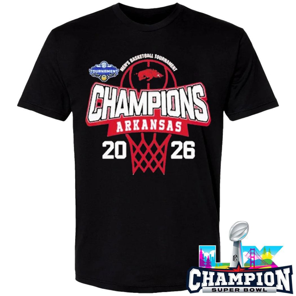 Arkansas Razorbacks 2026 Sec Men’s Basketball Tournament Champions Logo Mascot Shirt