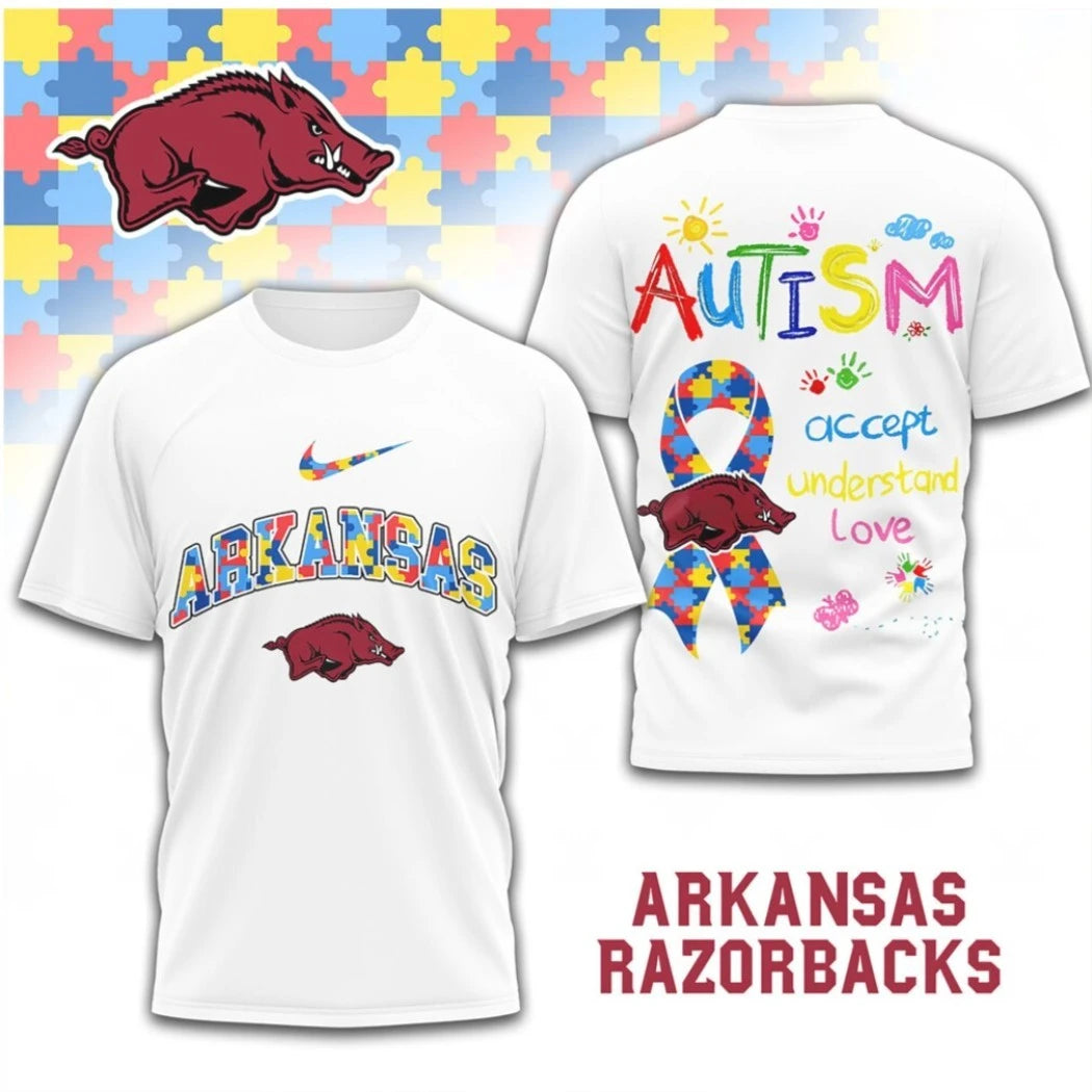 Arkansas Razorbacks Autism Awareness Puzzle Pattern Team Logo Two Sided Shirt