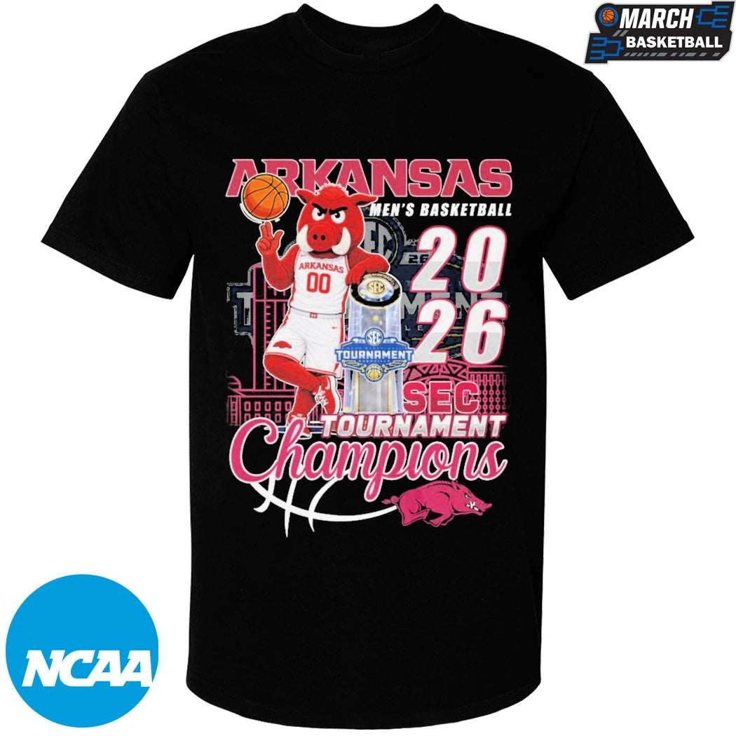 Arkansas Razorbacks SEC Men’s Basketball Tournament Champions 2026 Mascot Trophy T-shirts