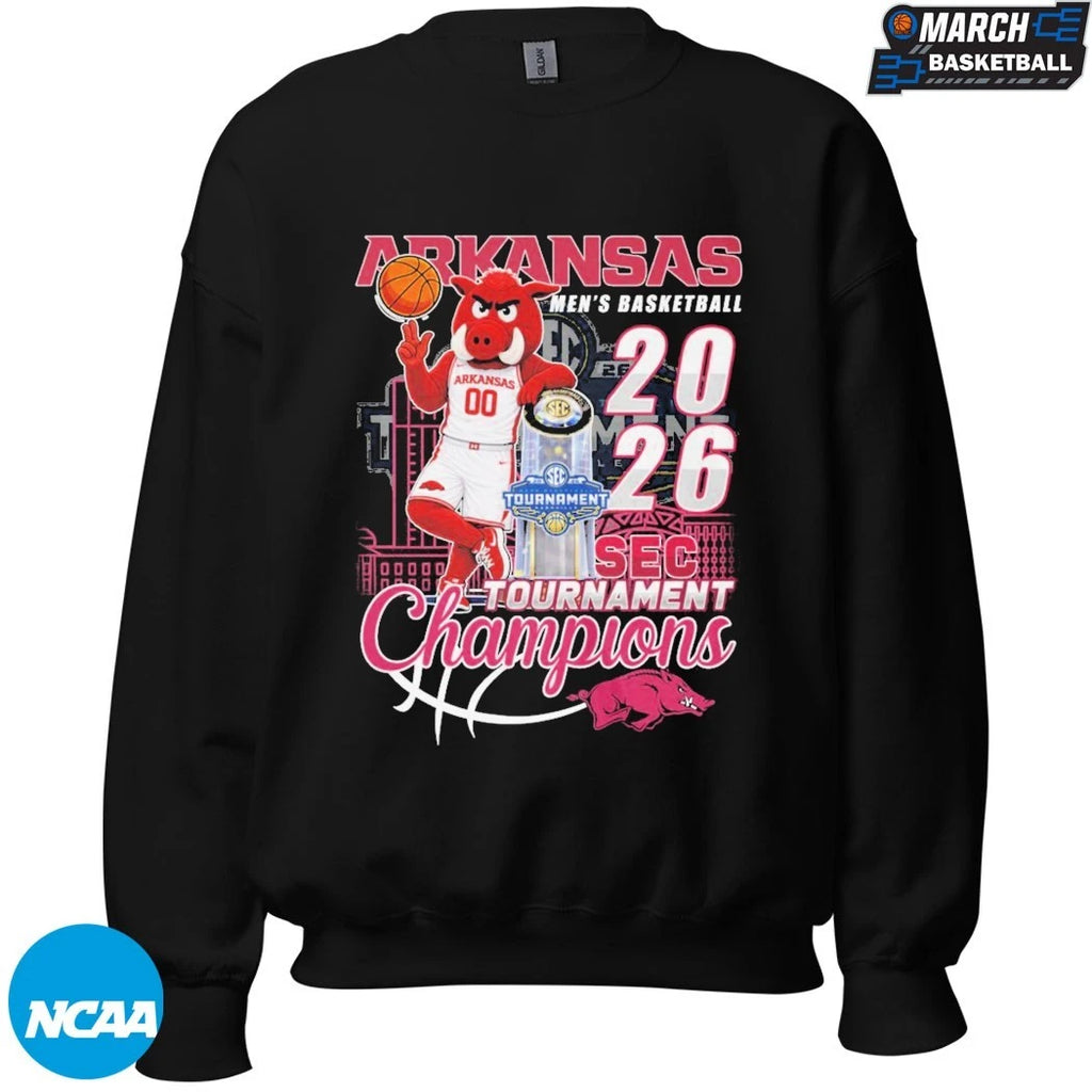 Arkansas Razorbacks SEC Men’s Basketball Tournament Champions 2026 Mascot Trophy T-shirts