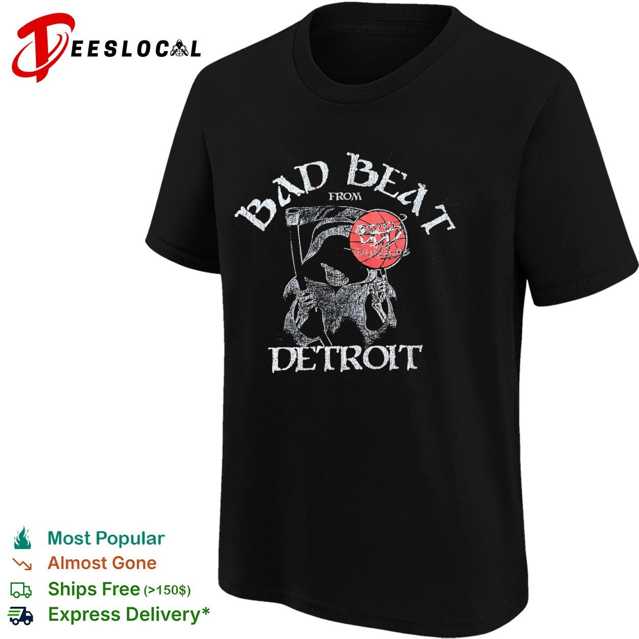 Bad Beat from Detroit grim reaper basketball typography graphic shirt
