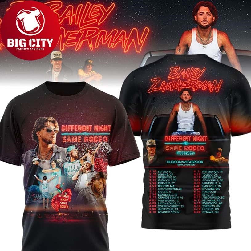 Official Bailey Zimmerman Different Night Same Rodeo Tour 2026 Two Sided Shirt