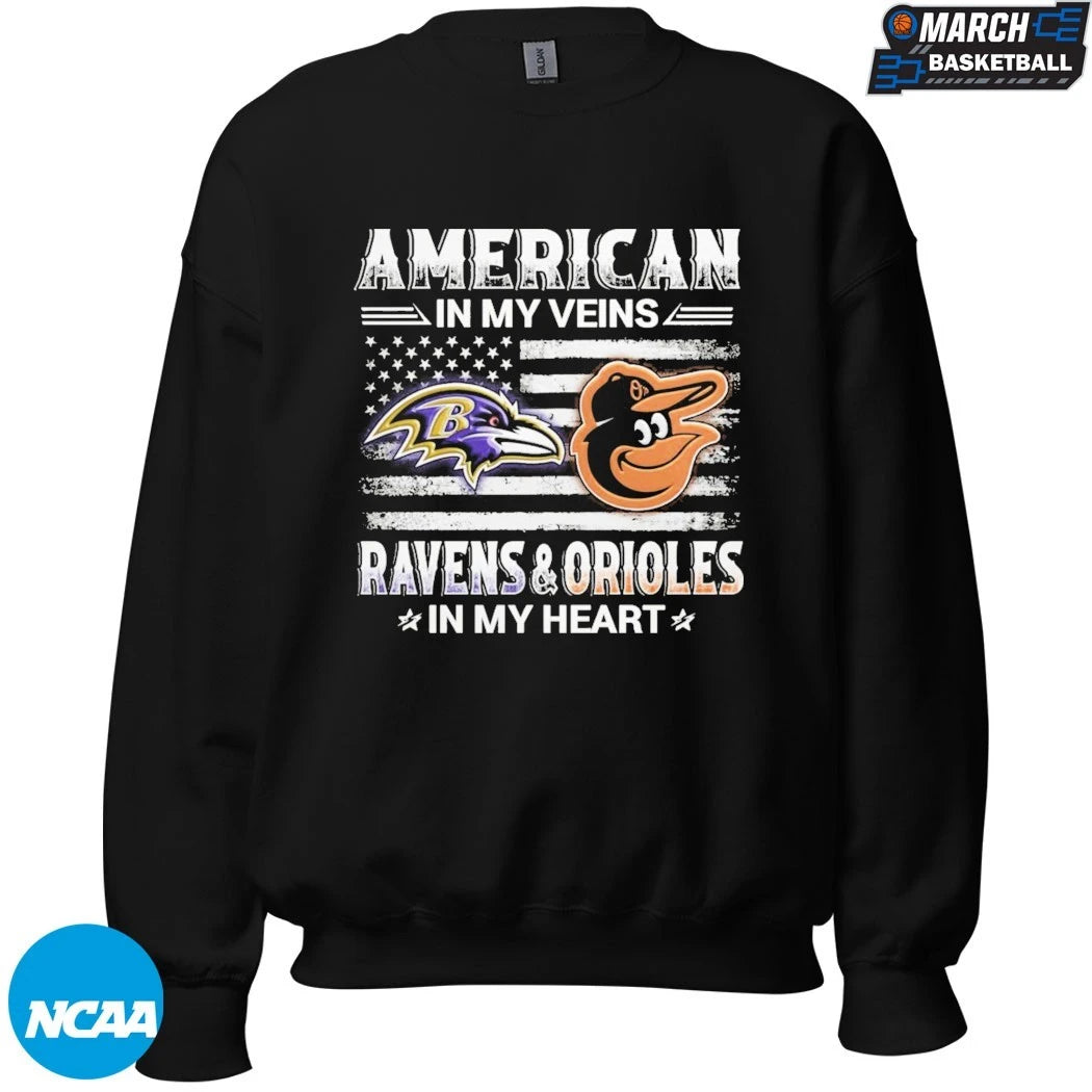 Baltimore Ravens Baltimore Orioles American In My Veins In My Heart T-shirts