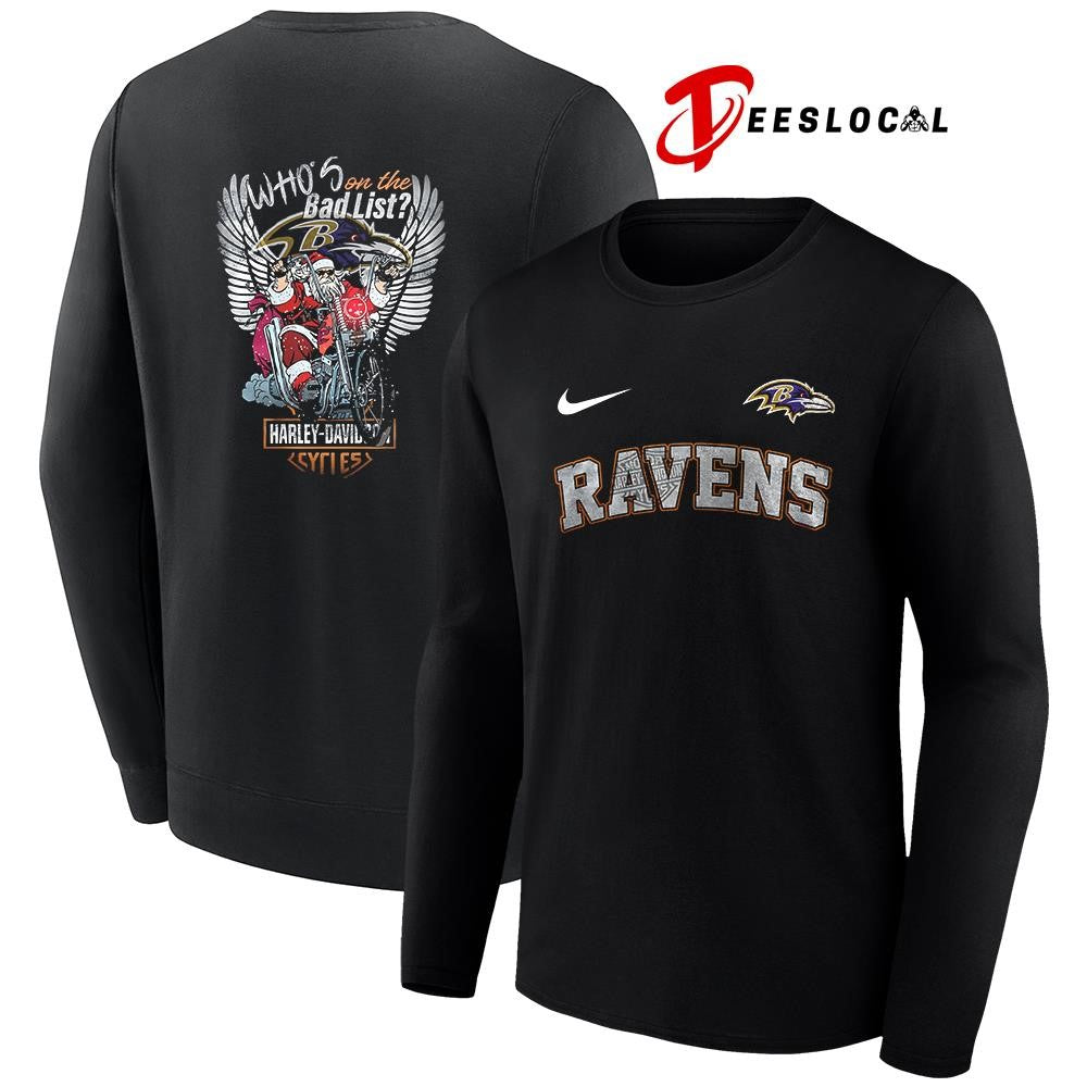 Baltimore Ravens x Harley Davidson Santa Claus who’s on the bad list graphic shirt
