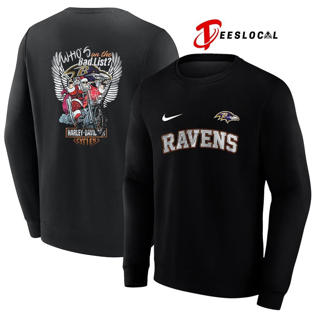 Baltimore Ravens x Harley Davidson Santa Claus who’s on the bad list graphic shirt
