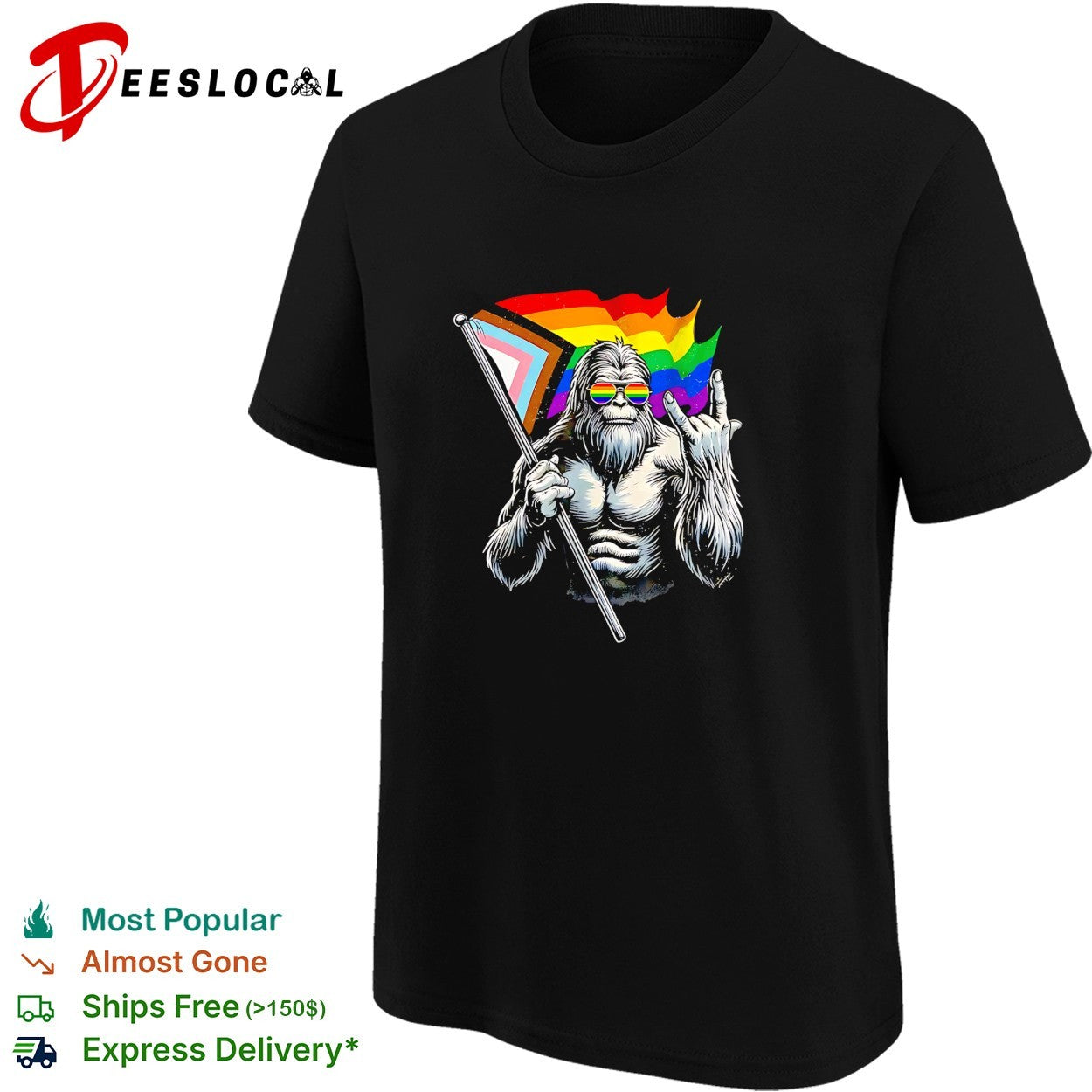 Bigfoot holding Progress Pride flag middle finger LGBTQ art shirt