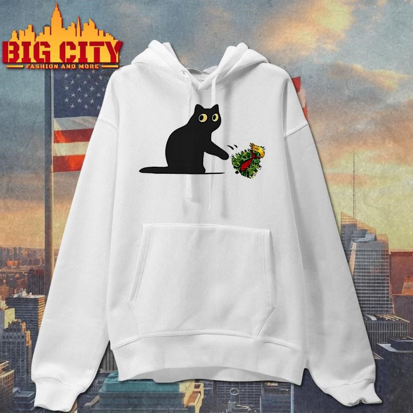 Black Cat Pushing Trump Christmas Tree Shirt