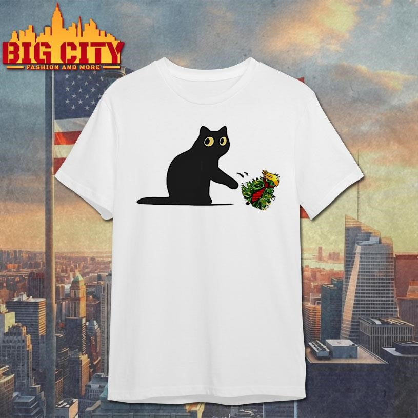 Black Cat Pushing Trump Christmas Tree Shirt