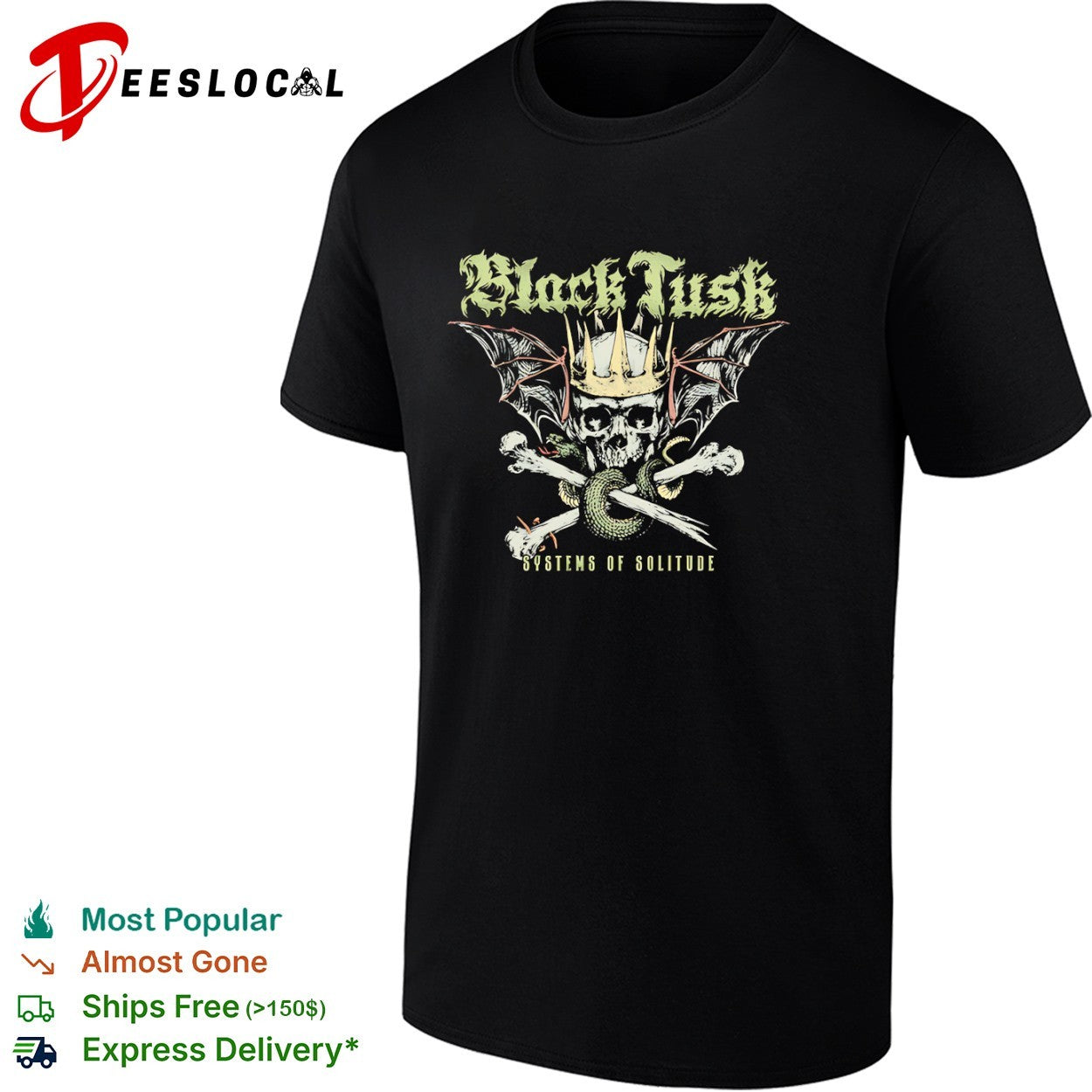 Black Tusk Systems of Solitude Crowned Skull Snake Wings Band Heavy Metal shirt