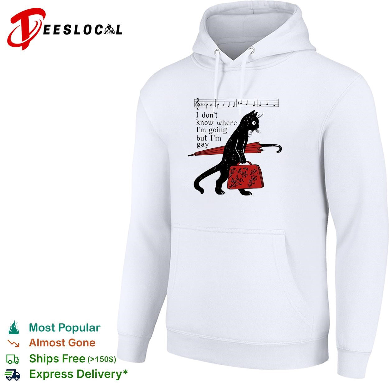 Black cat holding red umbrella and backpack I don’t know where I’m going but I’m gay shirt