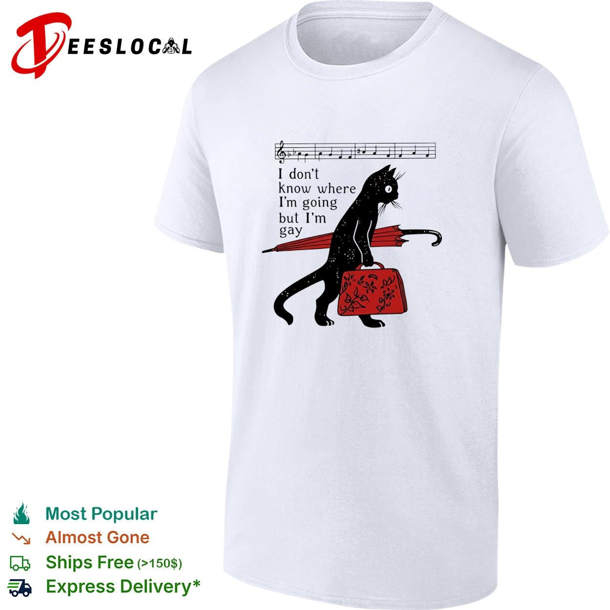 Black cat holding red umbrella and backpack I don’t know where I’m going but I’m gay shirt