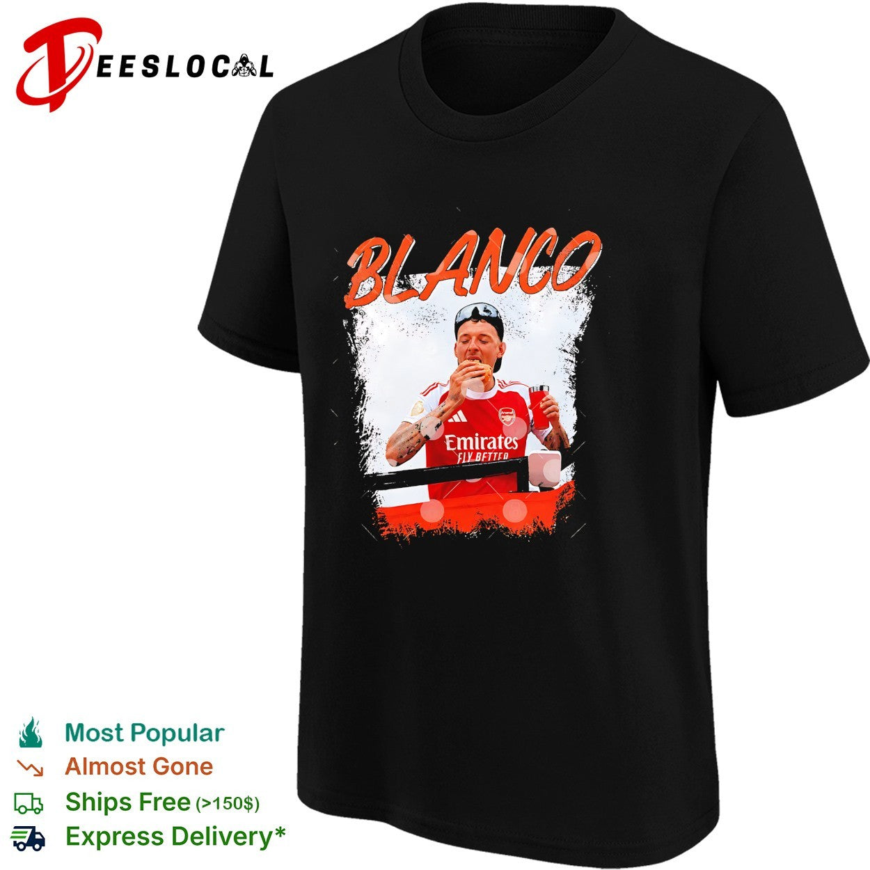 Blanco Arsenal player eating a sandwich after match candid photo graphic shirt