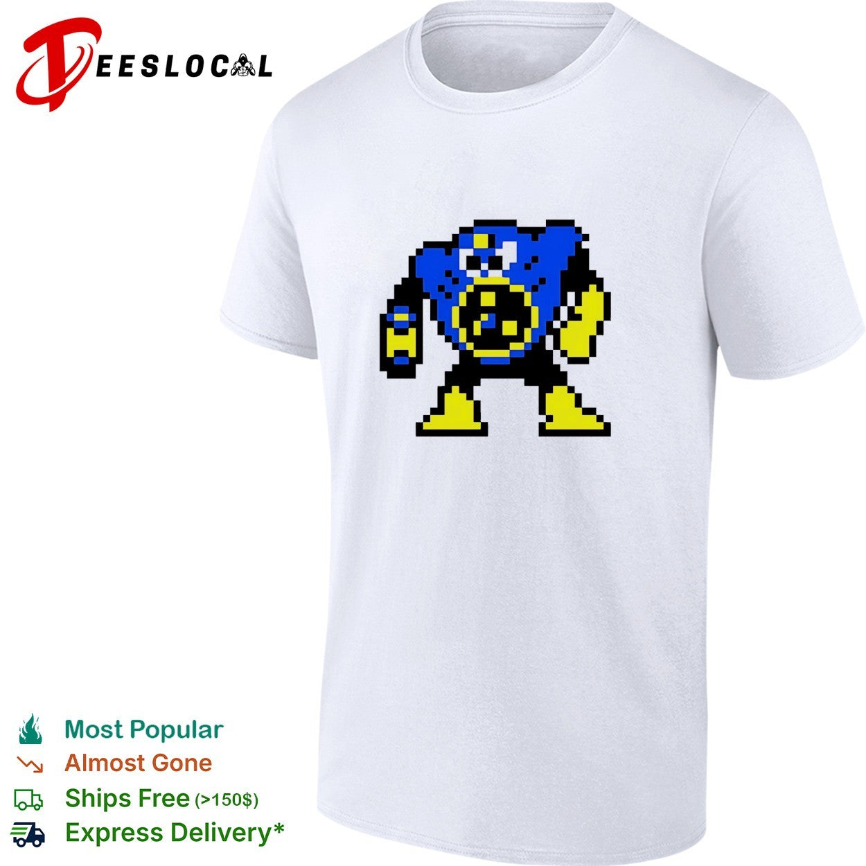 Blue robot pixel art Mega Man style shirt