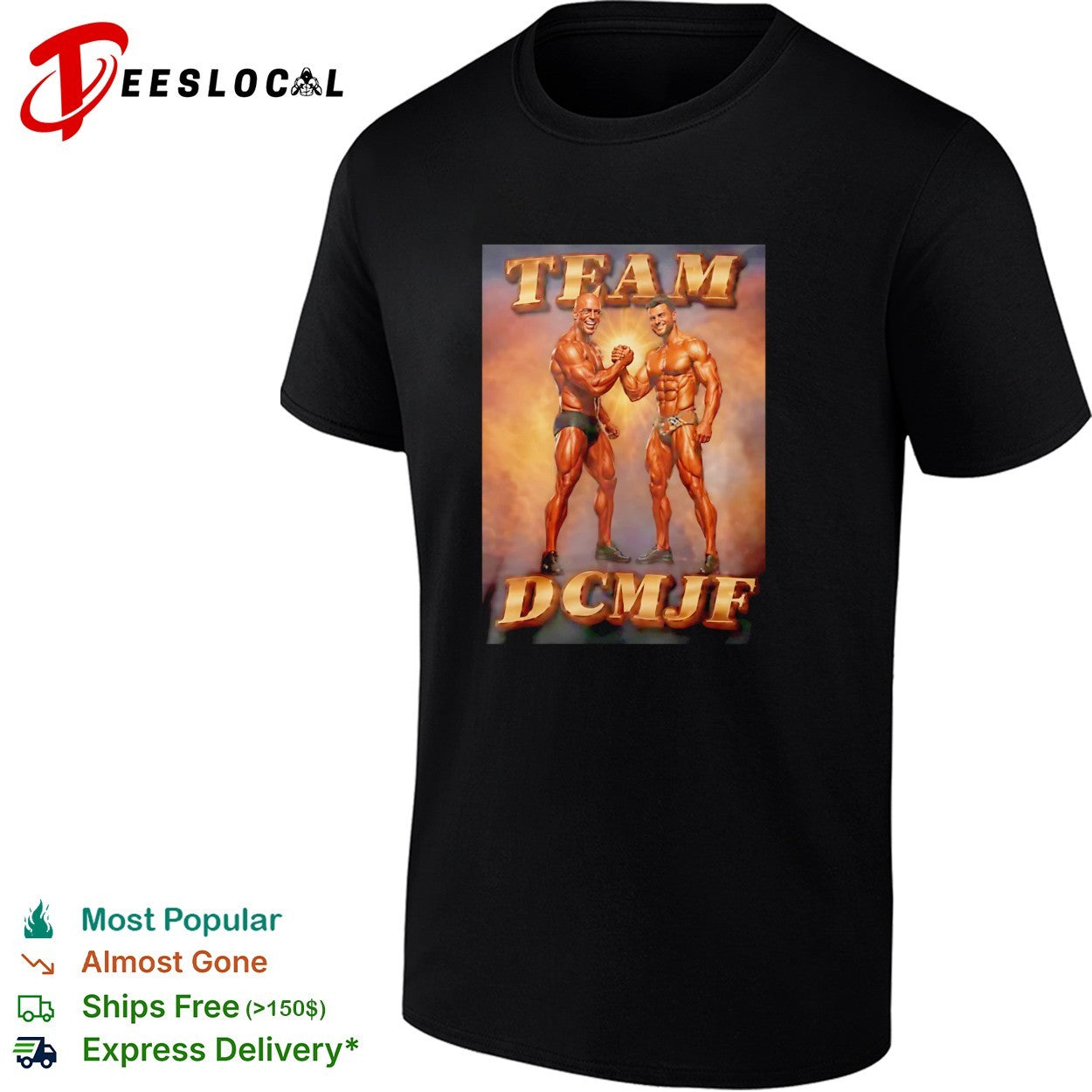 Bodybuilders fist bump team DCMJF shirt