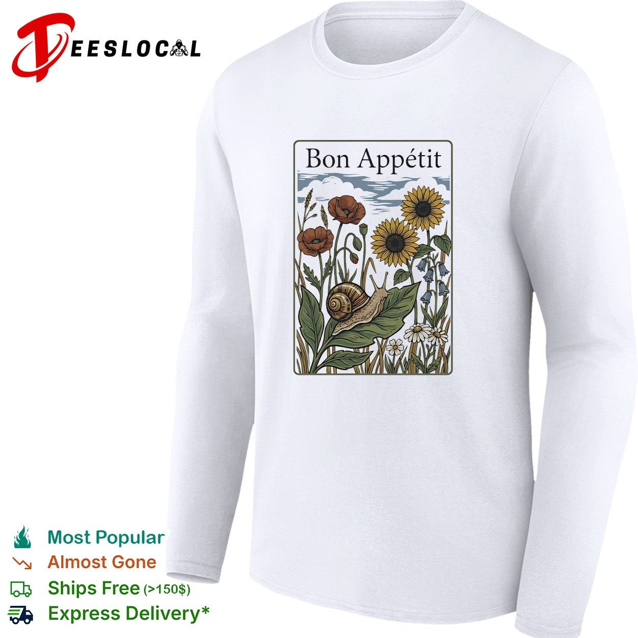 Bon Appetit snail on leaf with poppies and sunflowers vintage illustration shirt