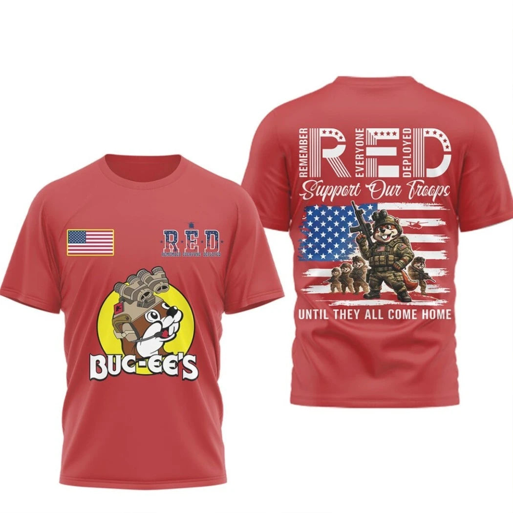 Buc ee’s RED Support Our Troops Tactical Beaver Patriotic Military Shirt