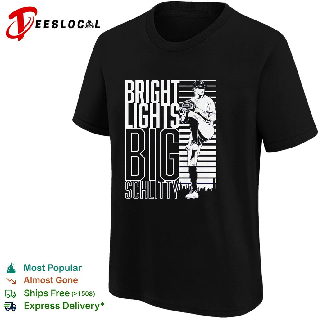 Cam Schlittler leg kick pose New York Yankees Bright Lights Big Schlitty shirt