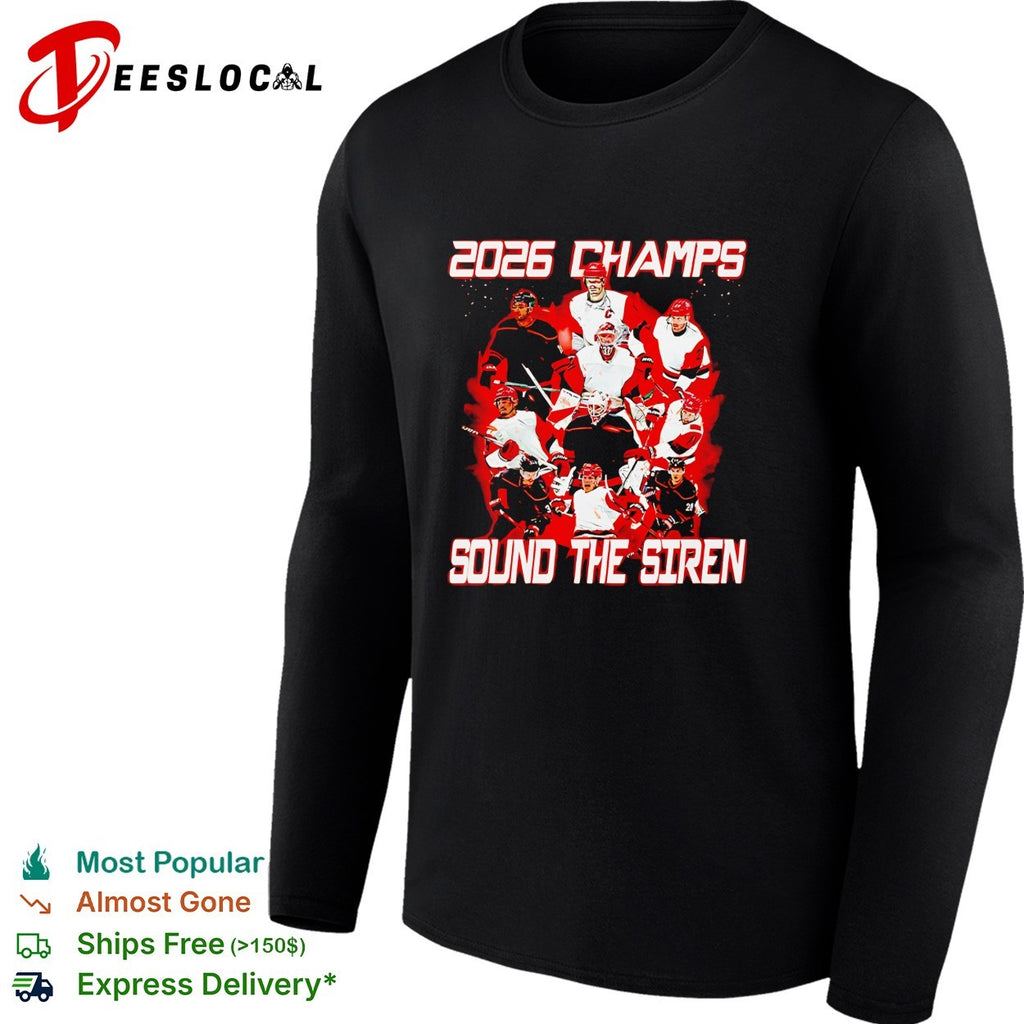 Carolina Hurricanes 2026 Champs Sound the Siren team action photo celebration shirt