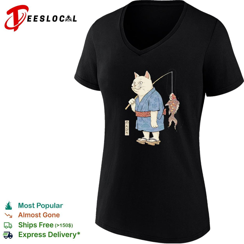 Cat fishing koi fish wearing kimono shirt
