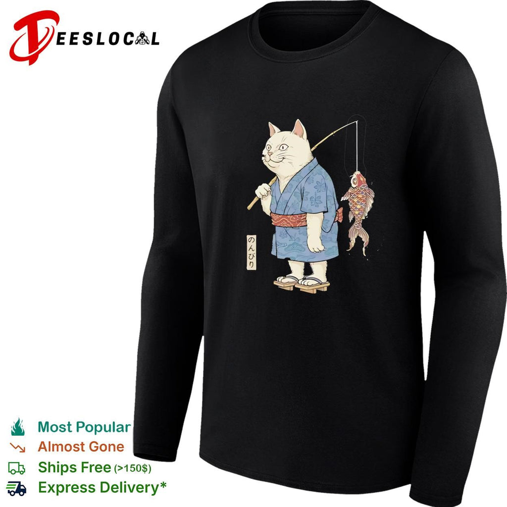 Cat fishing koi fish wearing kimono shirt