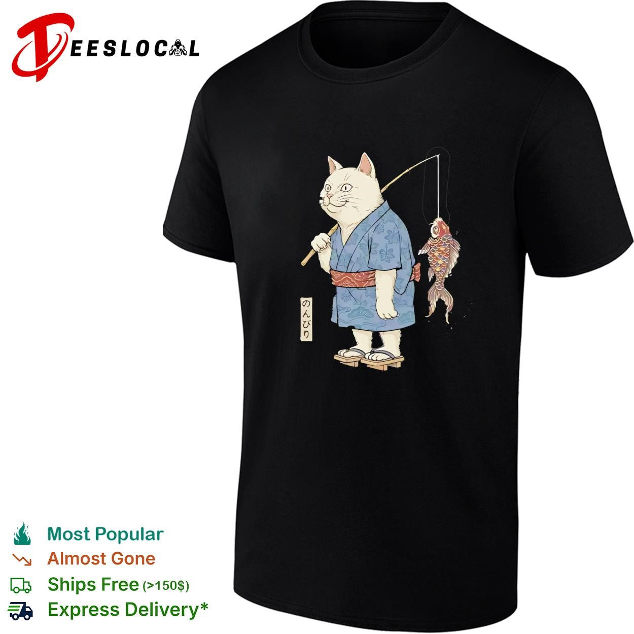Cat fishing koi fish wearing kimono shirt