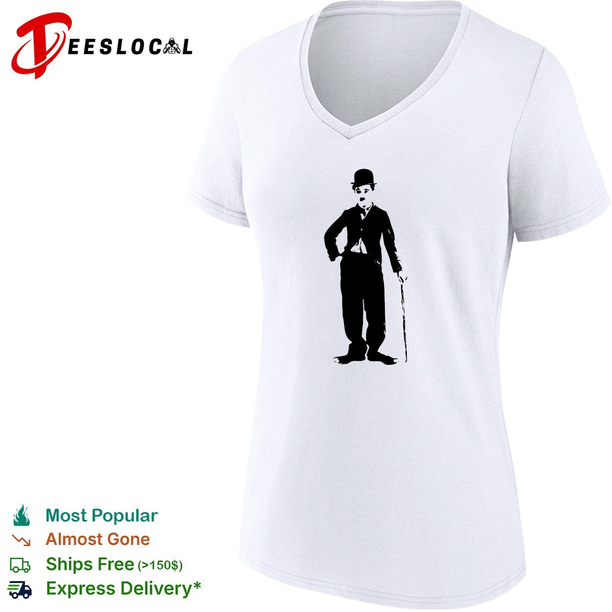 Charlie Chaplin standing with cane shirt