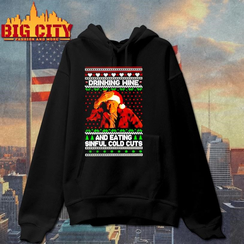 Charlie Hunnam Ed Gein drinking wine sinful cold cuts ugly Christmas shirt