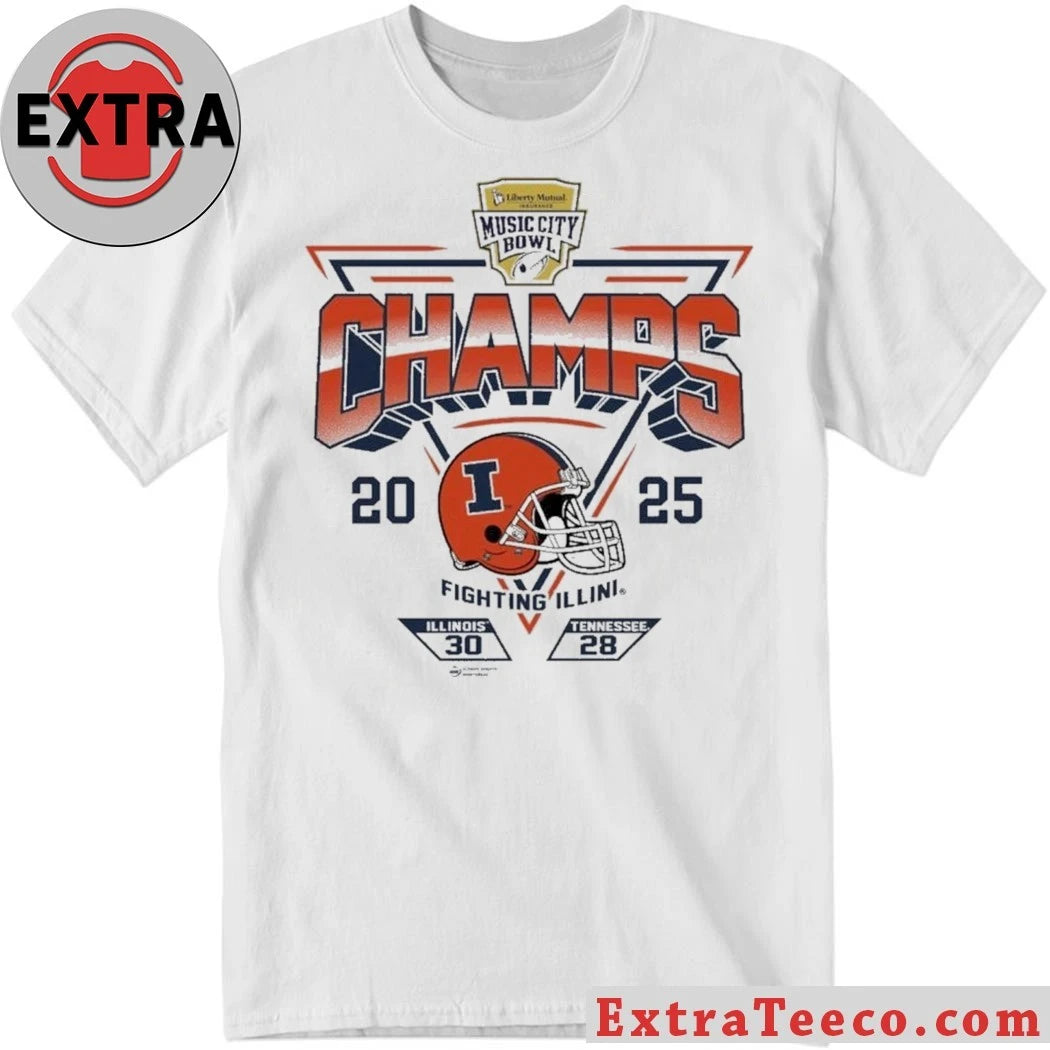 Classic white t-shirt printed with Music City Bowl and Fighting Illini