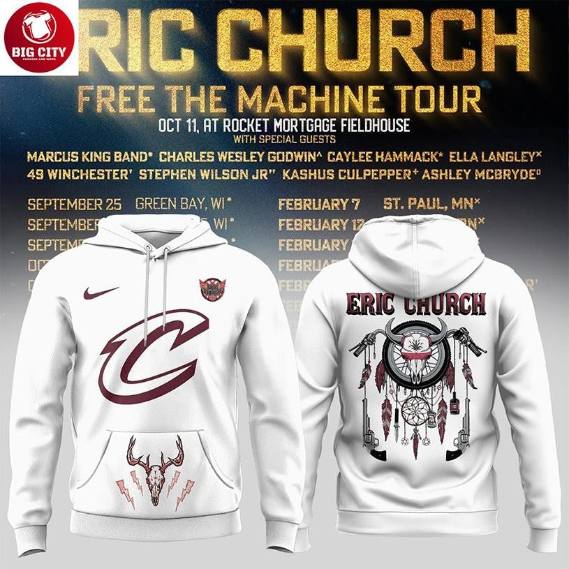 Cleveland Cavaliers Nba Eric Church Free The Machine Tour 2025 All White Hoodie