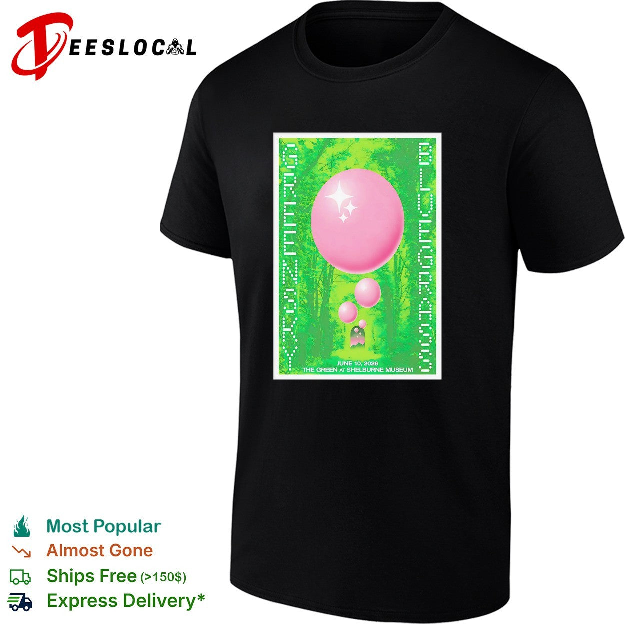 Concert poster pink balloon green forest Shelburne Museum shirt