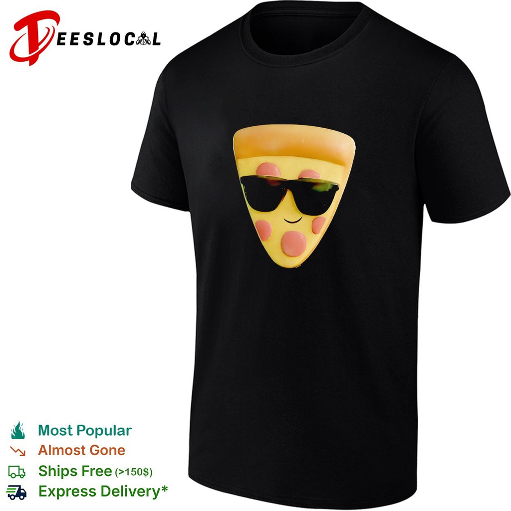 Cool kawaii pizza slice wearing sunglasses smiling cute food character shirt