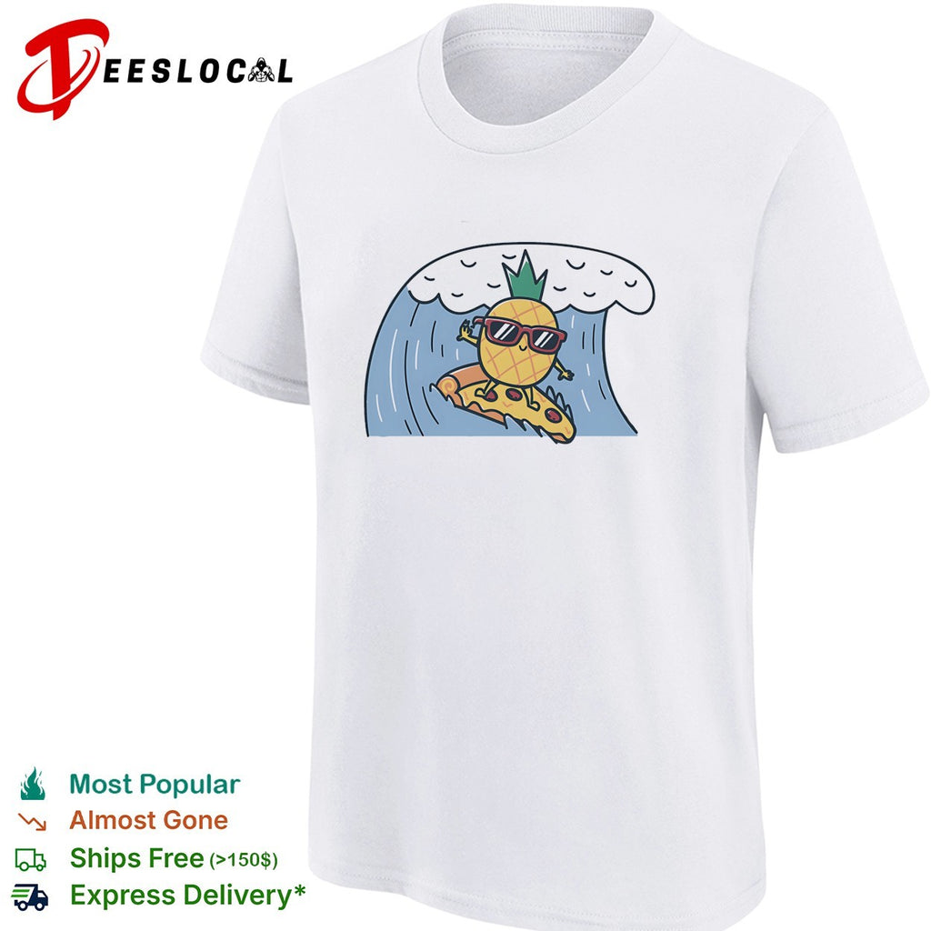 Cool pineapple wearing sunglasses surfing on pizza slice ocean wave cartoon shirt