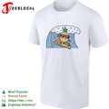 Cool pineapple wearing sunglasses surfing on pizza slice ocean wave cartoon shirt
